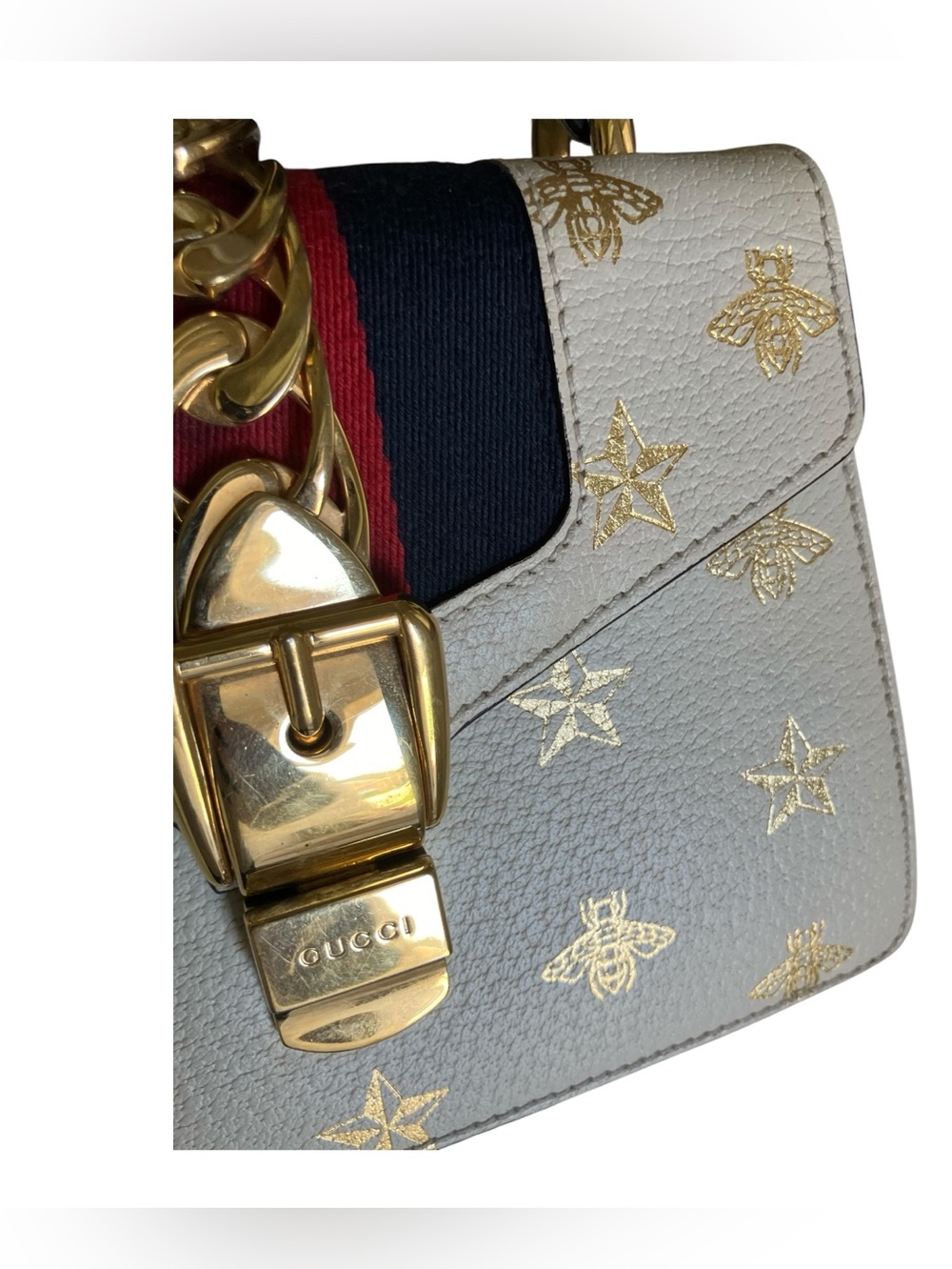 Gucci Cream Leather Top Handle Satchel/Crossbody with Gold Bee & Star Accents- - Picture 6 of 10